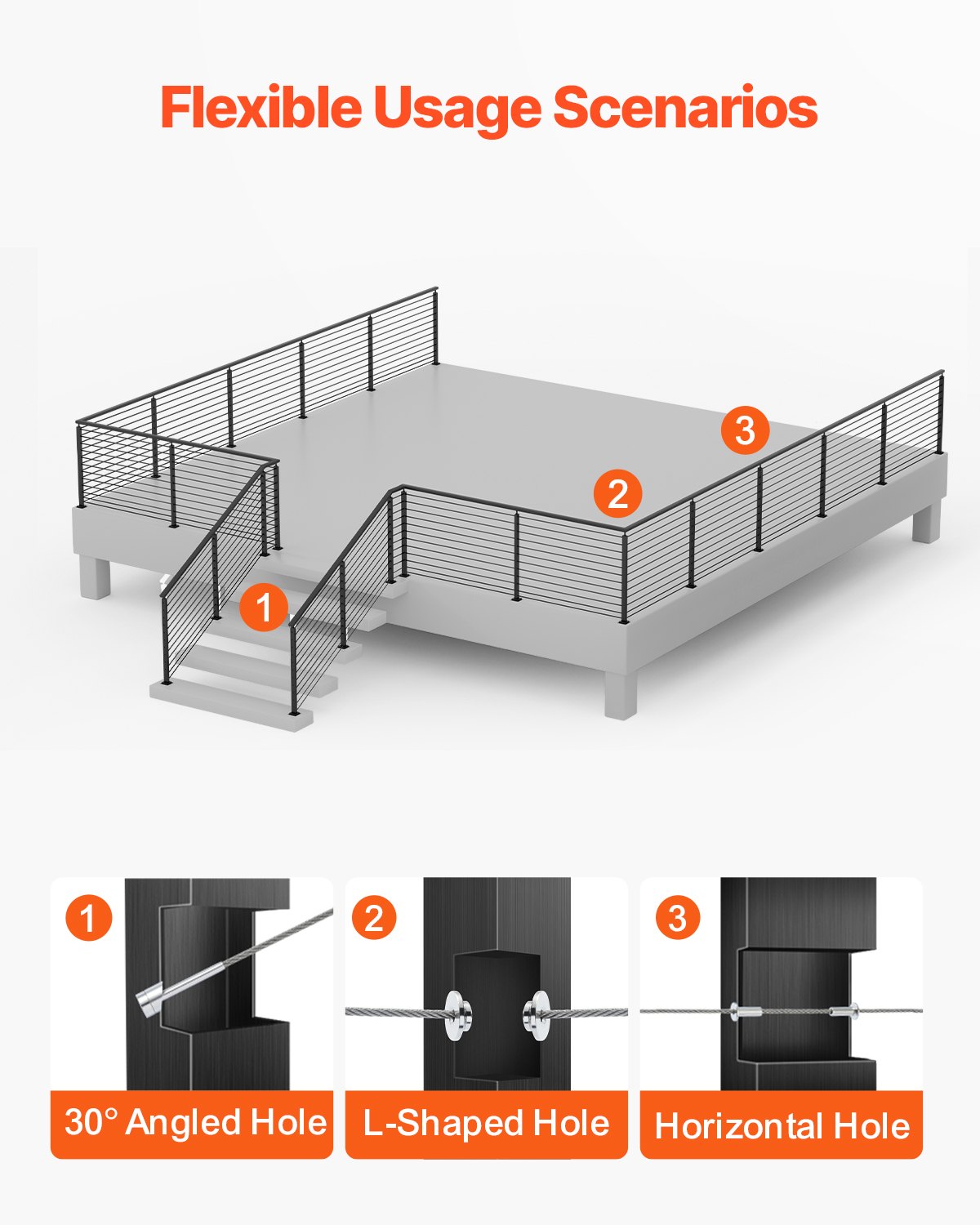 VEVOR Cable Railing Post, 106.7x2.5x5 cm Level Deck Stair Posts, 1-Pack Stainless Steel Cable Handrail Post, Pre-Drilled Pickets with Mounting Bracket Stair Railing Kit, Black, 1JZLGZXHS1063GGTD001V0