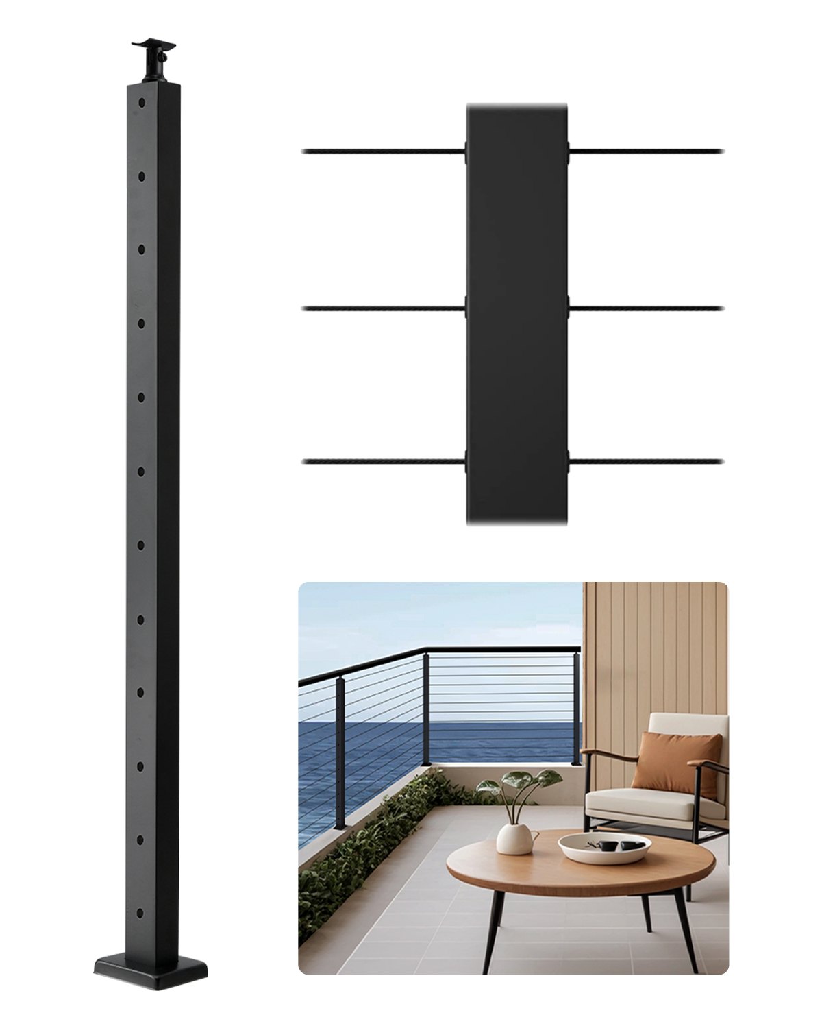 VEVOR Cable Railing Post, 106.7x2.5x5 cm Level Deck Stair Posts, 1-Pack Stainless Steel Cable Handrail Post, Pre-Drilled Pickets with Mounting Bracket Stair Railing Kit, Black, 1JZLGZXHS1063GGTD001V0