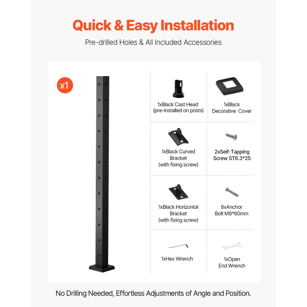 VEVOR Cable Railing Post, 106.7x5x5cm Corner Railing Post, with L-Shaped Pre-Drilled Holes, Stainless Steel Cable Rail Post with Horizontal and Curved Bracket, 1-Pack, Black, 1JZLGZXHS1065S1EW001V0