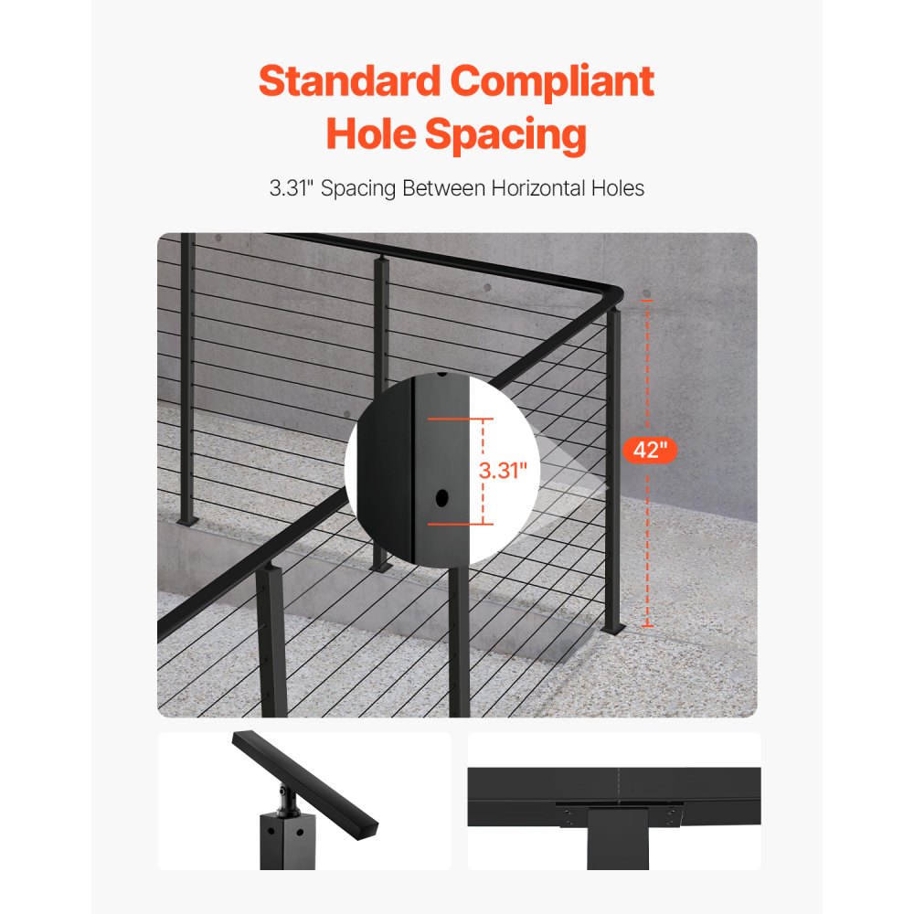 VEVOR Cable Railing Post, 42x2x2 Inch Corner Railing Post, with L-Shaped Pre-Drilled Holes, Stainless Steel Cable Rail Post with Horizontal and Curved Bracket, 1-Pack, Black, 1JZLGZXHS1065S1EW001V0