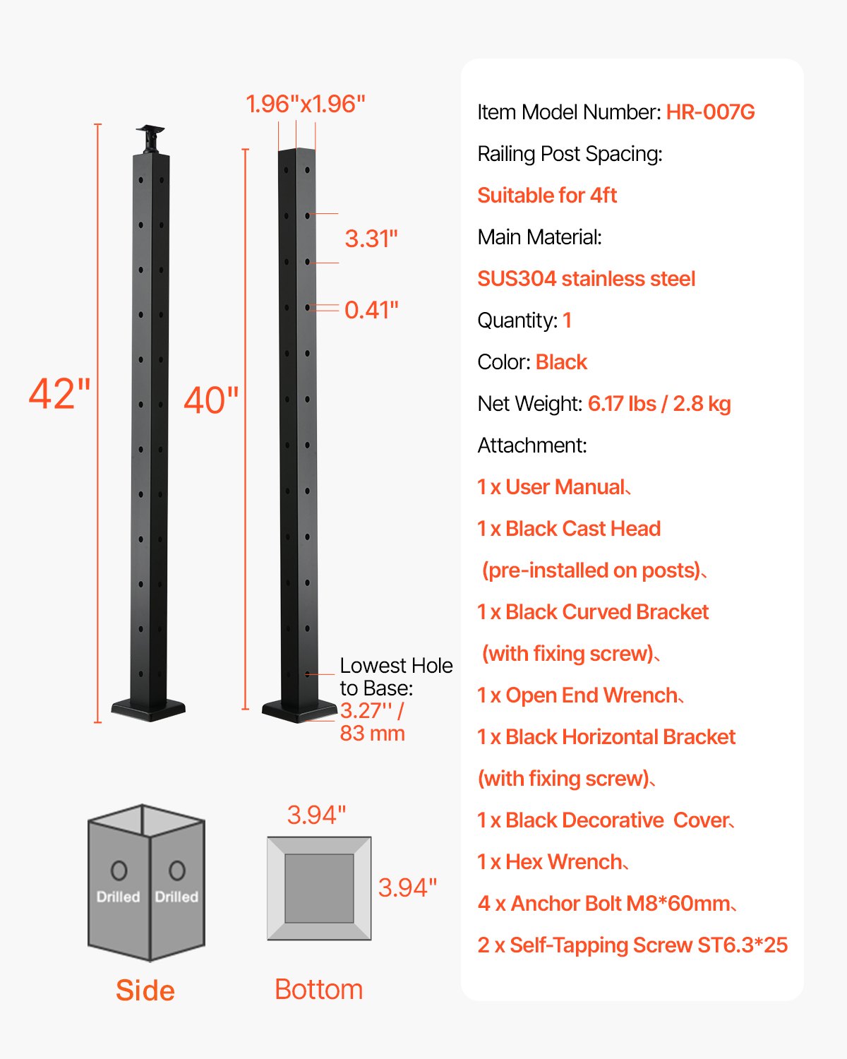 VEVOR Cable Railing Post, 106.7x5x5cm Corner Railing Post, with L-Shaped Pre-Drilled Holes, Stainless Steel Cable Rail Post with Horizontal and Curved Bracket, 1-Pack, Black, 1JZLGZXHS1065S1EW001V0