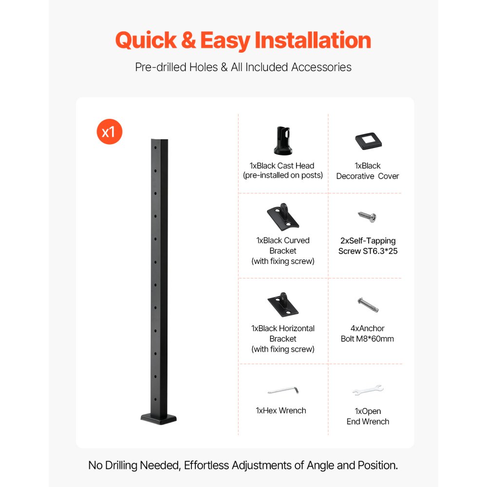 VEVOR Cable Railing Post, 106.7x5x5cm Level Deck Stair Posts, 1-Pack Stainless Steel Cable Handrail Post, Pre-Drilled Pickets with Mounting Bracket Stair Railing Kit, Black, 1JZLGZXHS106AWJO6001V0