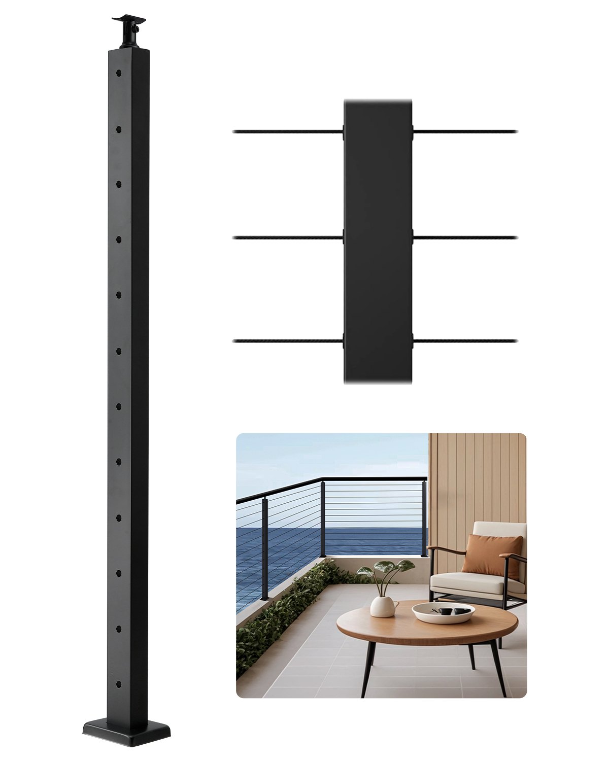 VEVOR Cable Railing Post, 42x2x2 Inch Level Deck Stair Posts, 1-Pack Stainless Steel Cable Handrail Post, Pre-Drilled Pickets with Mounting Bracket Stair Railing Kit, Black, 1JZLGZXHS106AWJO6001V0