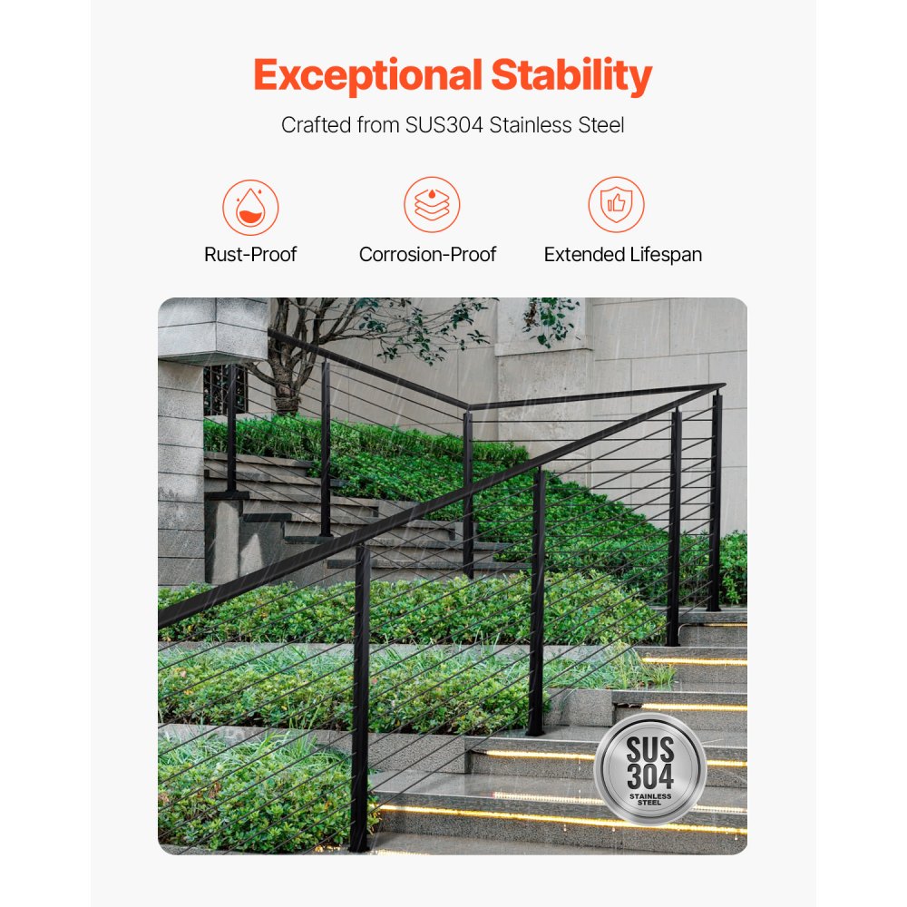 VEVOR Cable Railing Post, 42x1x2 Inch Stair Railing Post, with Pre-Drilled 30° Angled Holes, Stainless Steel Cable Rail Post with Horizontal and Curved Bracket, 1-Pack, Black, 1JZLGZXHS106VRA3X001V0
