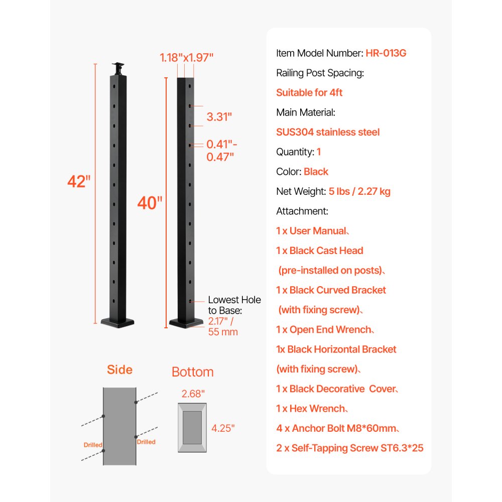 VEVOR Cable Railing Post, 42x1x2 Inch Stair Railing Post, with Pre-Drilled 30° Angled Holes, Stainless Steel Cable Rail Post with Horizontal and Curved Bracket, 1-Pack, Black, 1JZLGZXHS106VRA3X001V0