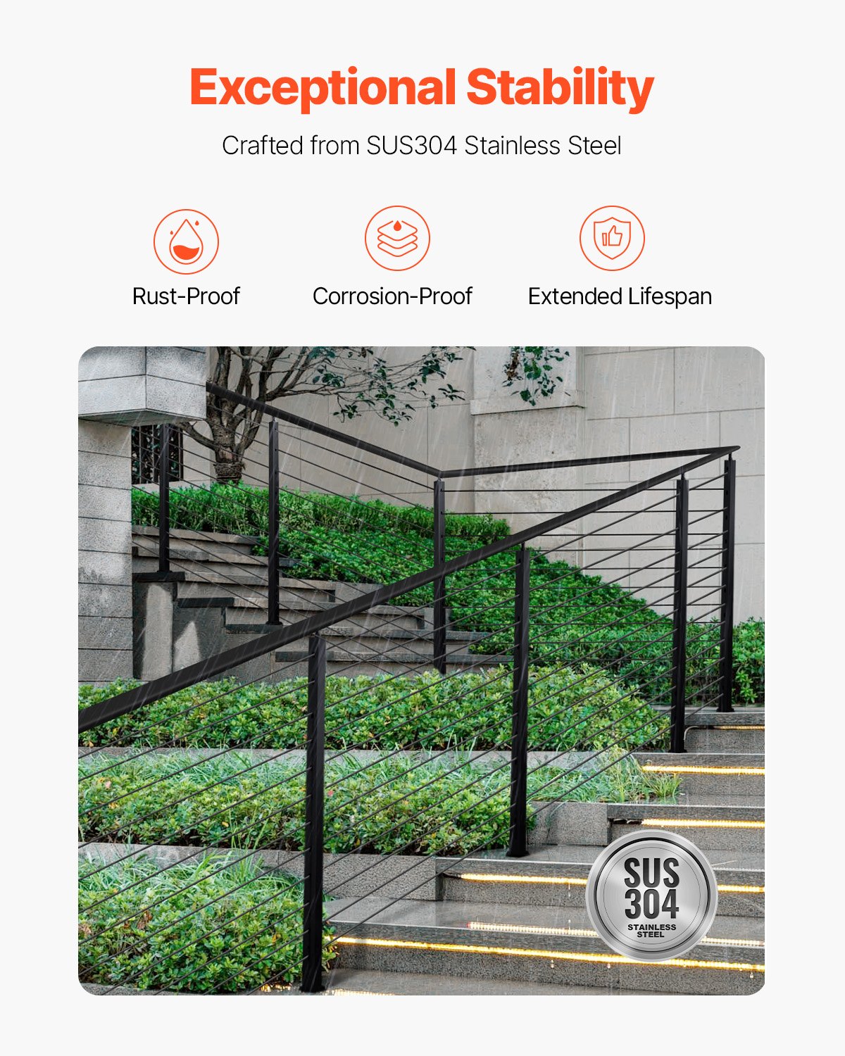 VEVOR Cable Railing Post, 42x1x2 Inch Stair Railing Post, with Pre-Drilled 30° Angled Holes, Stainless Steel Cable Rail Post with Horizontal and Curved Bracket, 1-Pack, Black, 1JZLGZXHS106VRA3X001V0