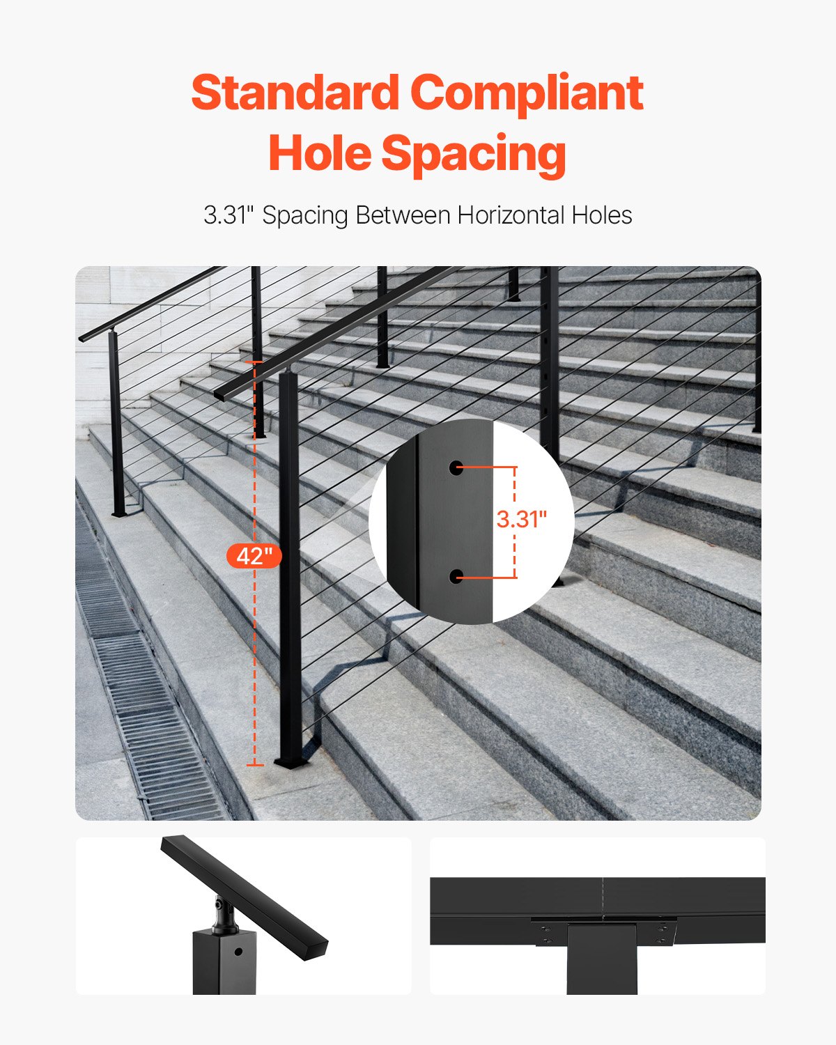 VEVOR Cable Railing Post, 42x1x2 Inch Stair Railing Post, with Pre-Drilled 30° Angled Holes, Stainless Steel Cable Rail Post with Horizontal and Curved Bracket, 1-Pack, Black, 1JZLGZXHS106VRA3X001V0