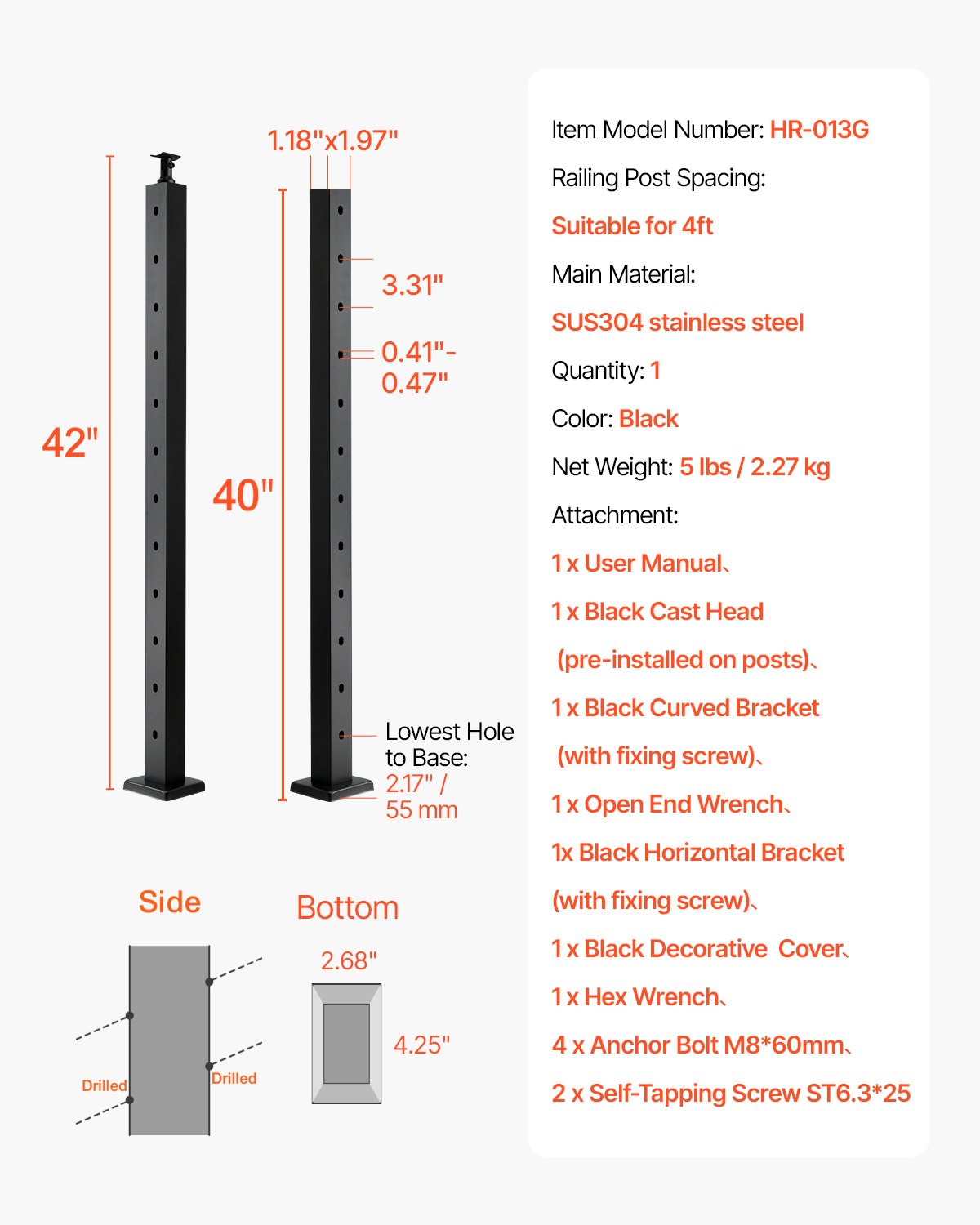 VEVOR Cable Railing Post, 42x1x2 Inch Stair Railing Post, with Pre-Drilled 30° Angled Holes, Stainless Steel Cable Rail Post with Horizontal and Curved Bracket, 1-Pack, Black, 1JZLGZXHS106VRA3X001V0