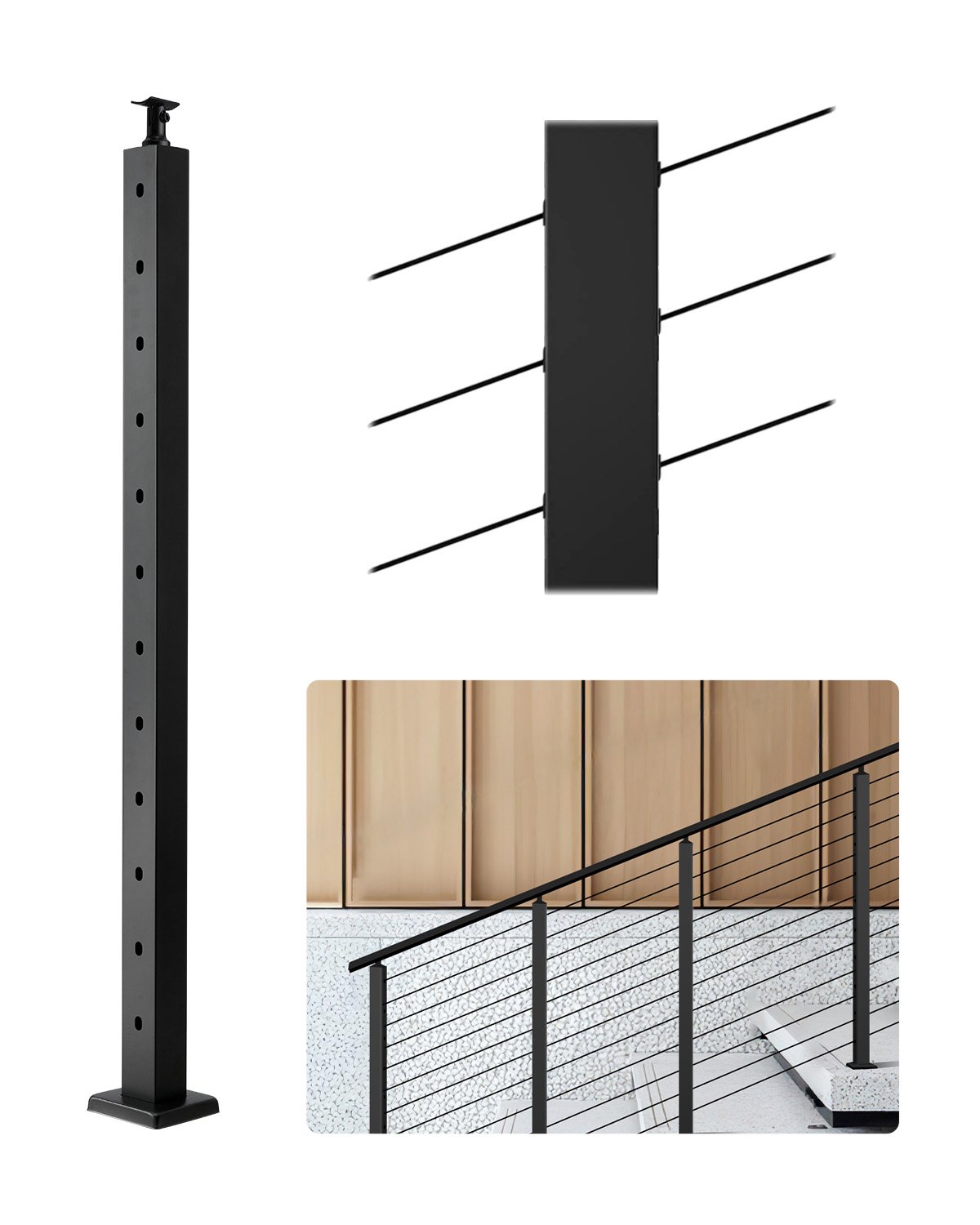 VEVOR Cable Railing Post, 42x1x2 Inch Stair Railing Post, with Pre-Drilled 30° Angled Holes, Stainless Steel Cable Rail Post with Horizontal and Curved Bracket, 1-Pack, Black, 1JZLGZXHS106VRA3X001V0