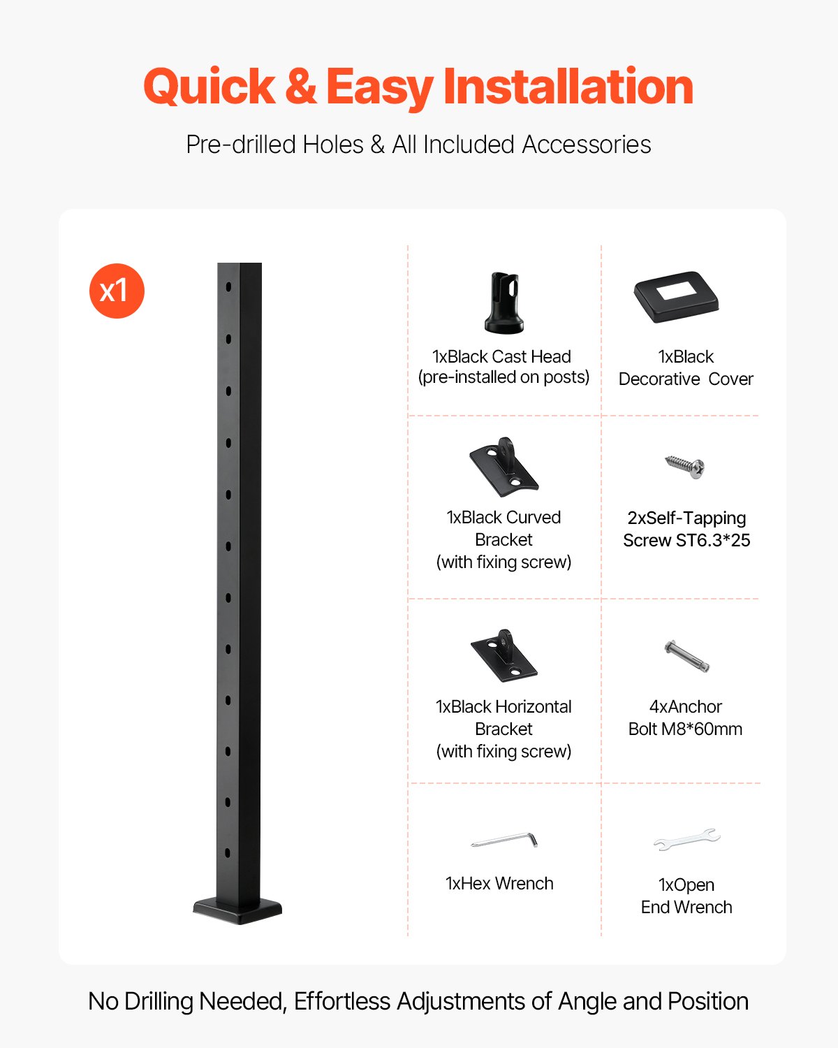 VEVOR Cable Railing Post, 42x2x2 Inch Stair Railing Post, with Pre-Drilled 30° Angled Holes, Stainless Steel Cable Rail Post with Horizontal and Curved Bracket, 1-Pack, Black, 1JZLGZXHS106W3XAA001V0