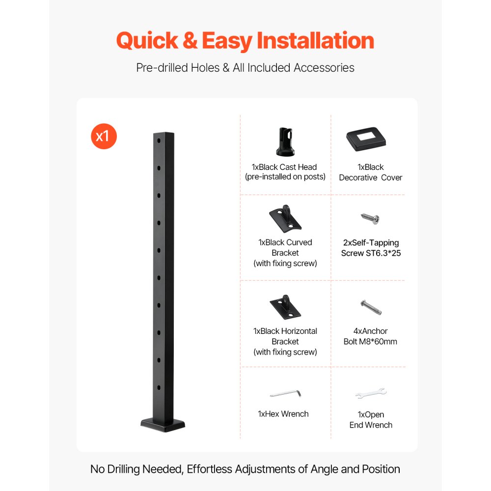 VEVOR Cable Railing Post, 36x1x2 Inch Stair Railing Post, with Pre-Drilled 30° Angled Holes, Stainless Steel Cable Rail Post with Horizontal and Curved Bracket, 1-Pack, Black, 1JZLGZXHS91402OS1001V0