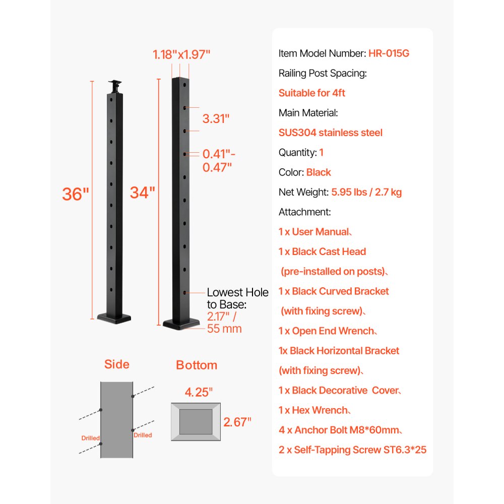 VEVOR Cable Railing Post, 36x1x2 Inch Stair Railing Post, with Pre-Drilled 30° Angled Holes, Stainless Steel Cable Rail Post with Horizontal and Curved Bracket, 1-Pack, Black, 1JZLGZXHS91402OS1001V0