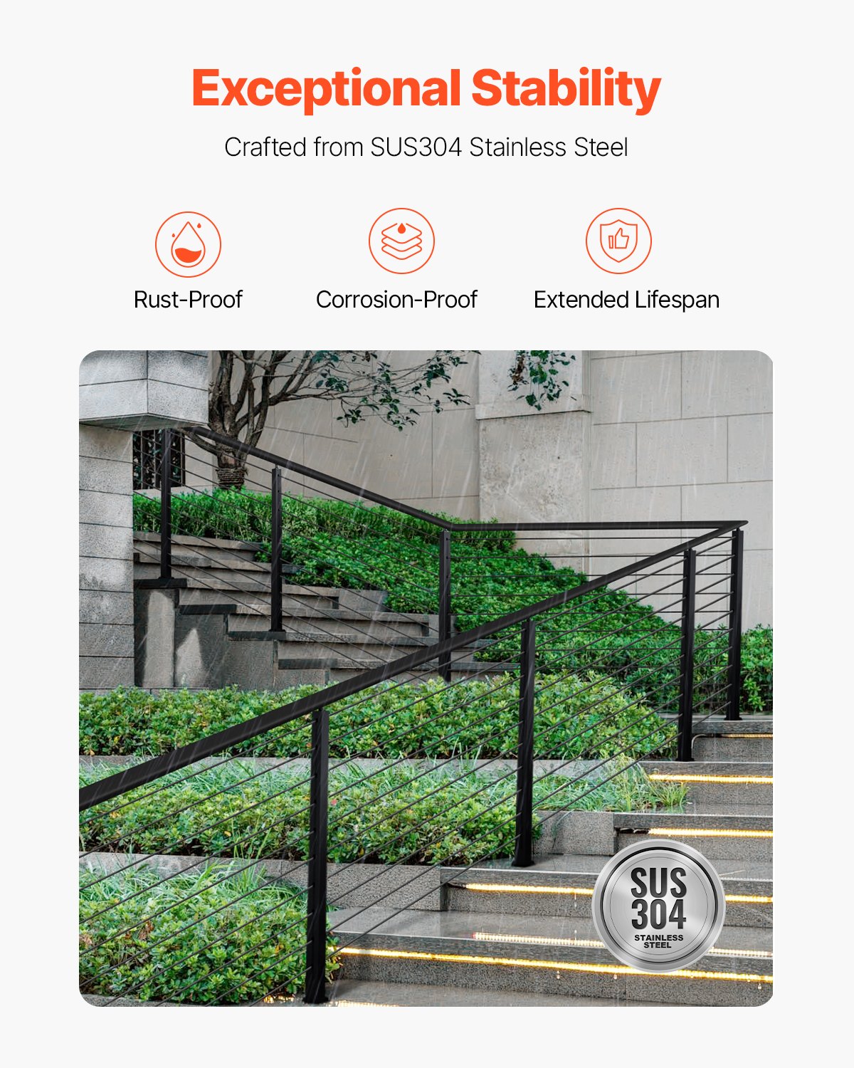 VEVOR Cable Railing Post, 36x1x2 Inch Stair Railing Post, with Pre-Drilled 30° Angled Holes, Stainless Steel Cable Rail Post with Horizontal and Curved Bracket, 1-Pack, Black, 1JZLGZXHS91402OS1001V0