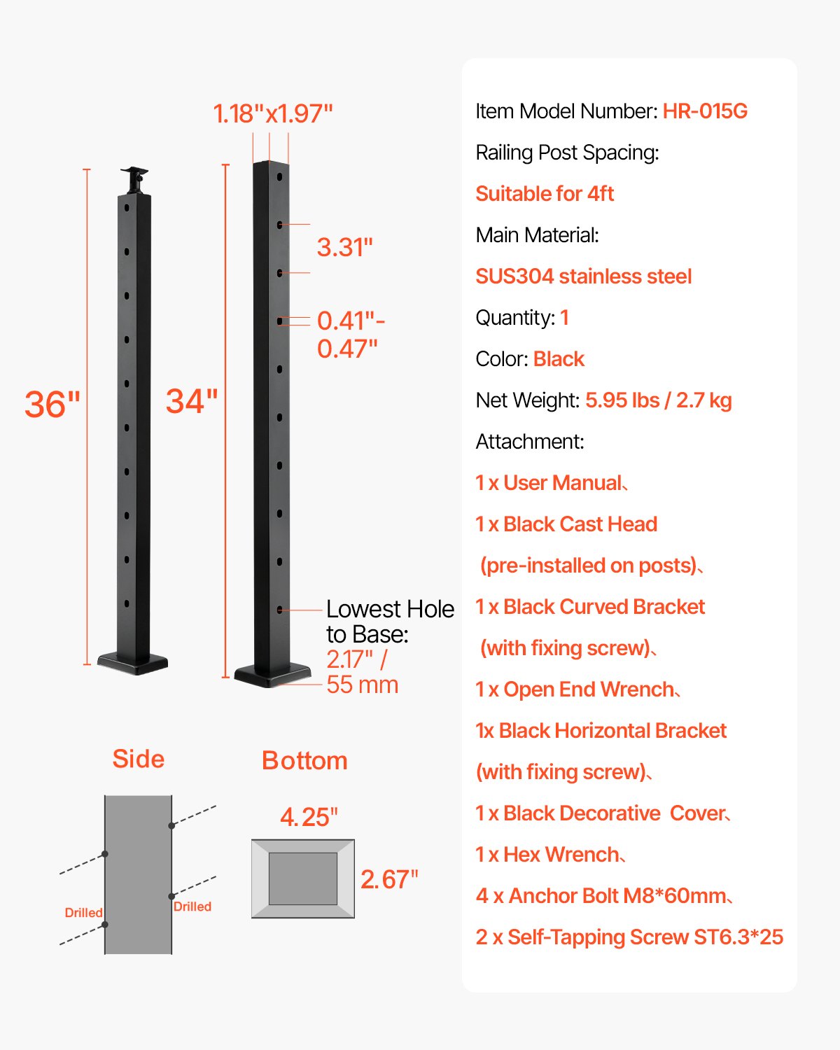 VEVOR Cable Railing Post, 36x1x2 Inch Stair Railing Post, with Pre-Drilled 30° Angled Holes, Stainless Steel Cable Rail Post with Horizontal and Curved Bracket, 1-Pack, Black, 1JZLGZXHS91402OS1001V0