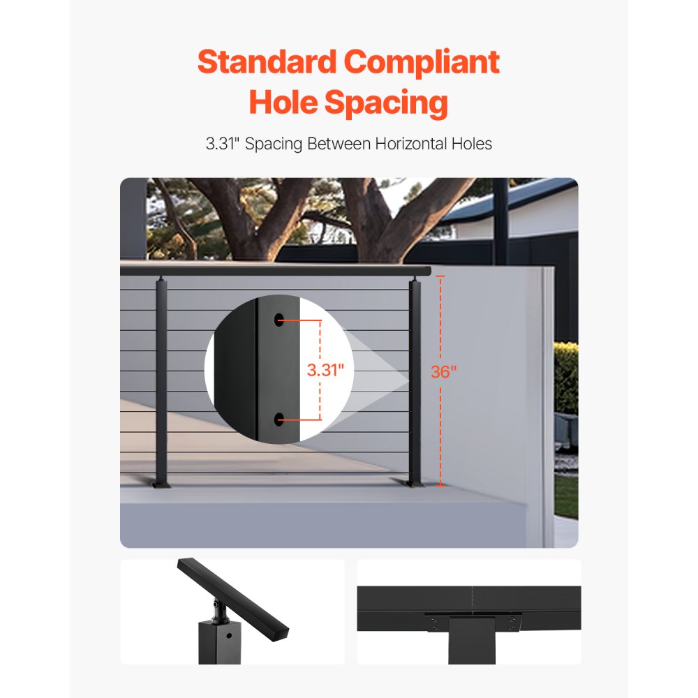 VEVOR 1-Pack Cable Railing Post, 36x2x2 In Horizontal-Hole Deck Railing Post with Pre-Drilled Holes, Stainless Steel Cable Rail Post with Horizontal and Curved Bracket, Black, 1JZLGZXHS9148RVYS001V0