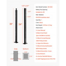 Cable Railing Post 1-Pack 36x2x2 Inch Horizontal Hole Deck Railing Post Black