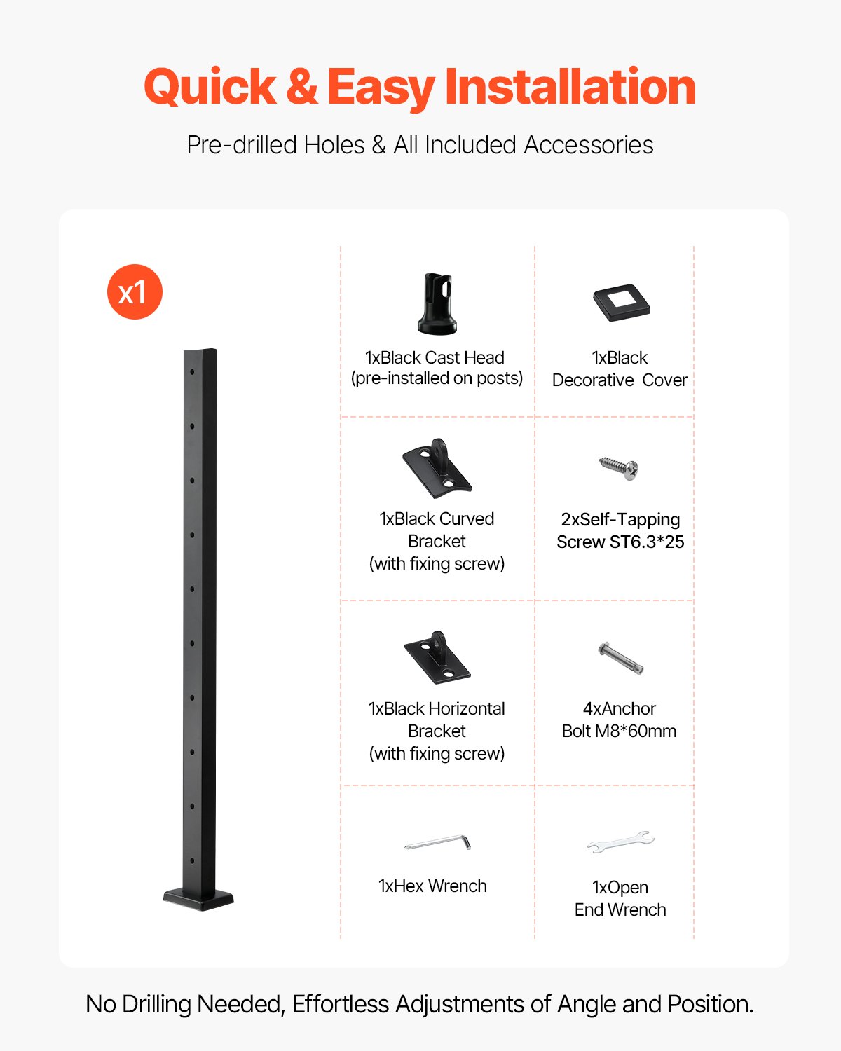 VEVOR 1-Pack Cable Railing Post, 36x2x2 In Horizontal-Hole Deck Railing Post with Pre-Drilled Holes, Stainless Steel Cable Rail Post with Horizontal and Curved Bracket, Black, 1JZLGZXHS9148RVYS001V0