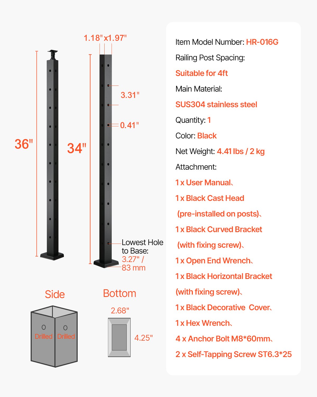 VEVOR Cable Railing Post, 36x1x2 Inch Corner Railing Post, with L-Shaped Pre-Drilled Holes, Stainless Steel Cable Rail Post with Horizontal and Curved Bracket, 1-Pack, Black, 1JZLGZXHS914IVCFL001V0