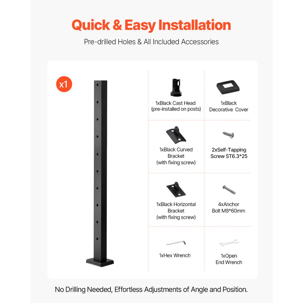 VEVOR Cable Railing Post, 36x1x2 Inch Level Deck Stair Posts, 1-Pack Stainless Steel Cable Handrail Post, Pre-Drilled Pickets with Mounting Bracket Stair Railing Kit, Black, 1JZLGZXHS914LZA6X001V0