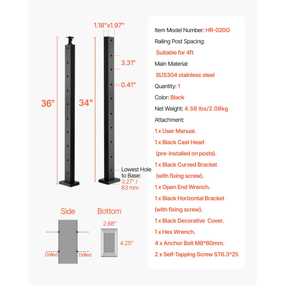 VEVOR Cable Railing Post, 36x1x2 Inch Level Deck Stair Posts, 1-Pack Stainless Steel Cable Handrail Post, Pre-Drilled Pickets with Mounting Bracket Stair Railing Kit, Black, 1JZLGZXHS914LZA6X001V0