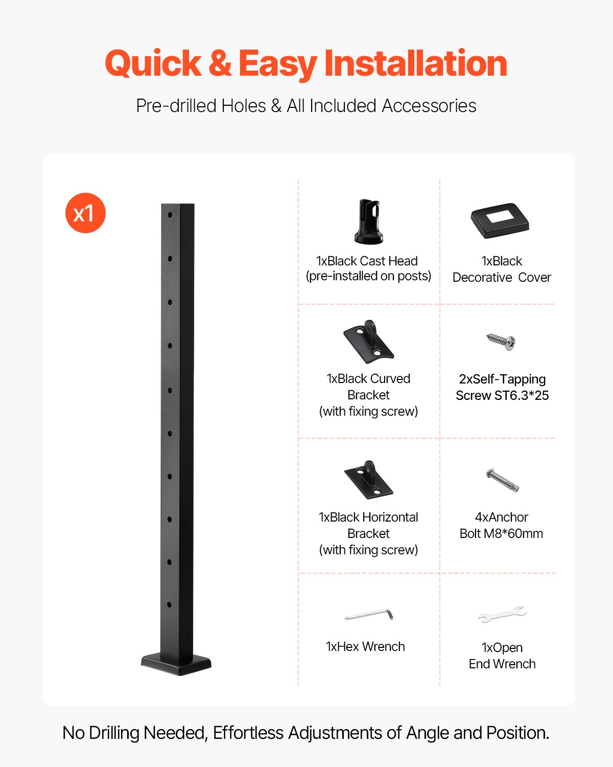 VEVOR Cable Railing Post, 36x1x2 Inch Level Deck Stair Posts, 1-Pack Stainless Steel Cable Handrail Post, Pre-Drilled Pickets with Mounting Bracket Stair Railing Kit, Black, 1JZLGZXHS914LZA6X001V0