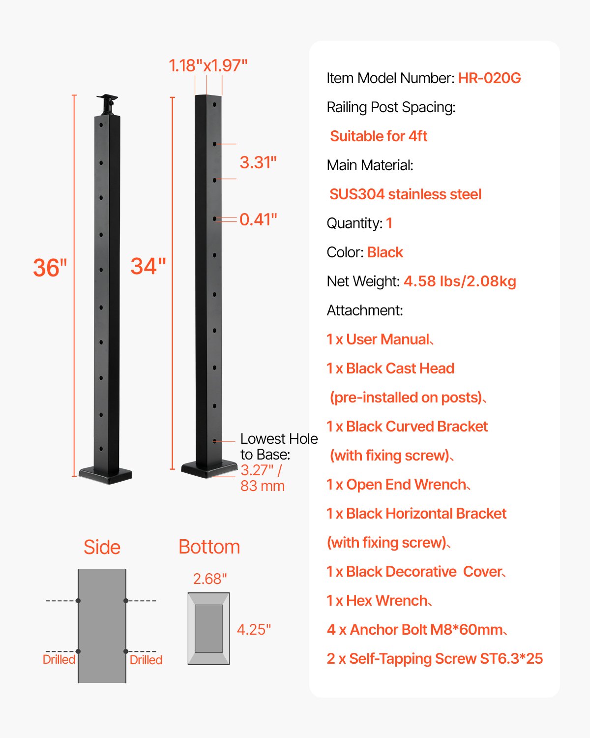 VEVOR Cable Railing Post, 36x1x2 Inch Level Deck Stair Posts, 1-Pack Stainless Steel Cable Handrail Post, Pre-Drilled Pickets with Mounting Bracket Stair Railing Kit, Black, 1JZLGZXHS914LZA6X001V0