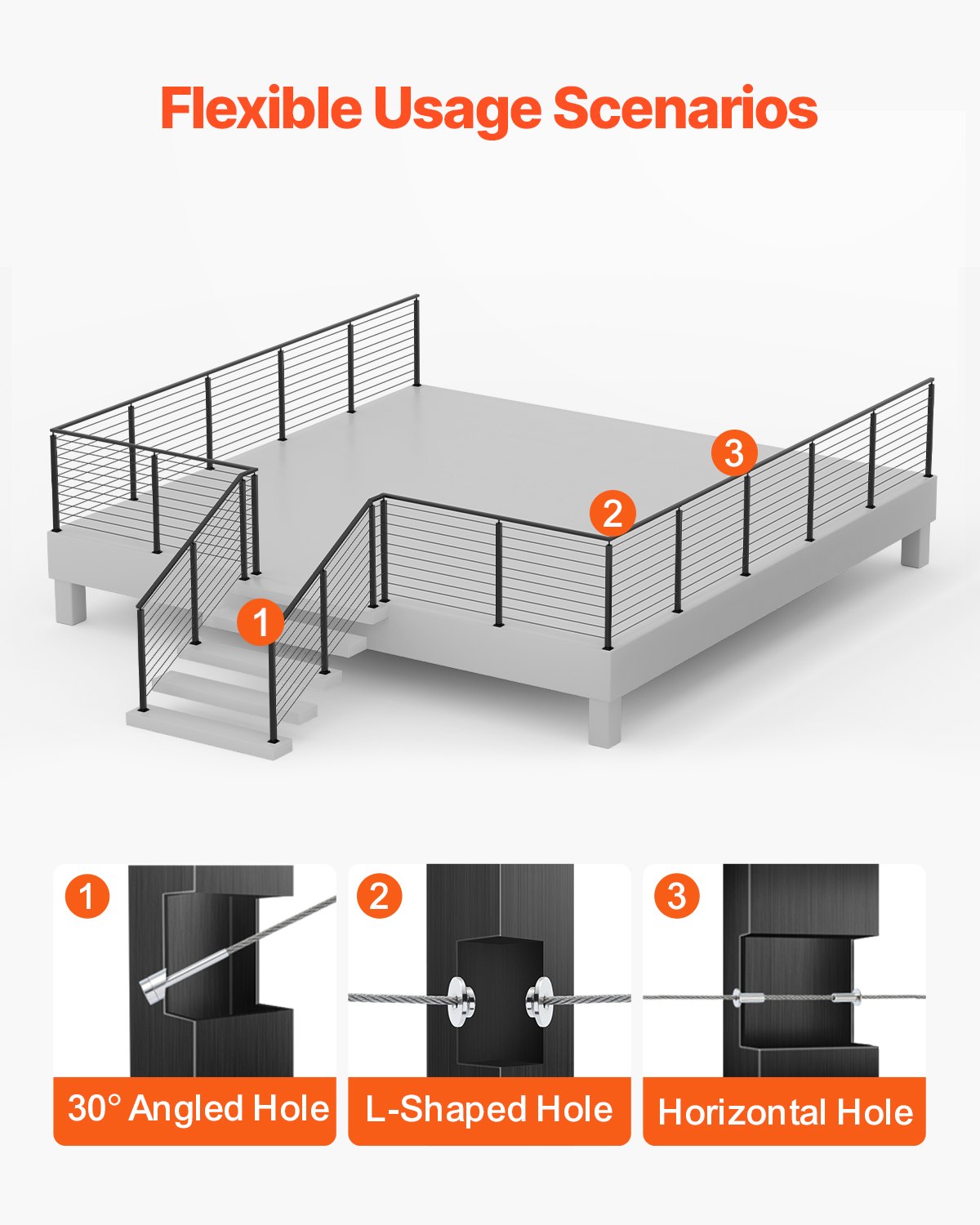 VEVOR Cable Railing Post, 36x1x2 Inch Level Deck Stair Posts, 1-Pack Stainless Steel Cable Handrail Post, Pre-Drilled Pickets with Mounting Bracket Stair Railing Kit, Black, 1JZLGZXHS914LZA6X001V0