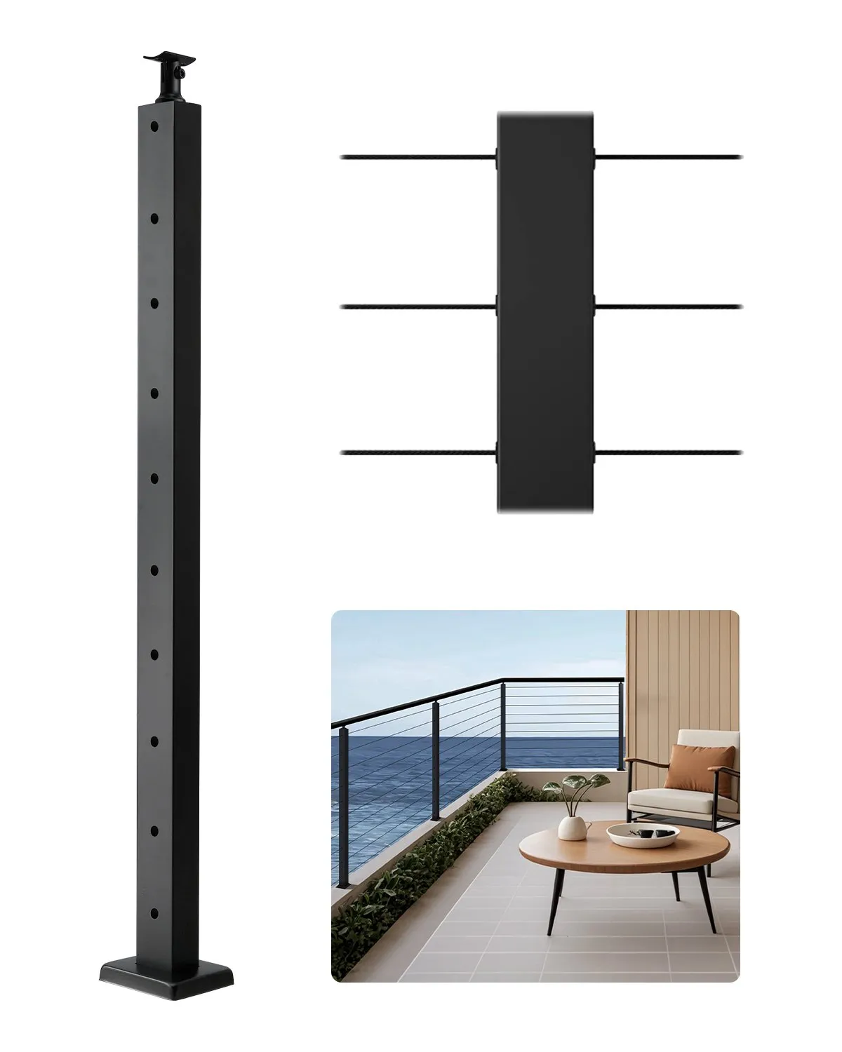 VEVOR Cable Railing Post, 36x1x2 Inch Level Deck Stair Posts, 1-Pack Stainless Steel Cable Handrail Post, Pre-Drilled Pickets with Mounting Bracket Stair Railing Kit, Black, 1JZLGZXHS914LZA6X001V0