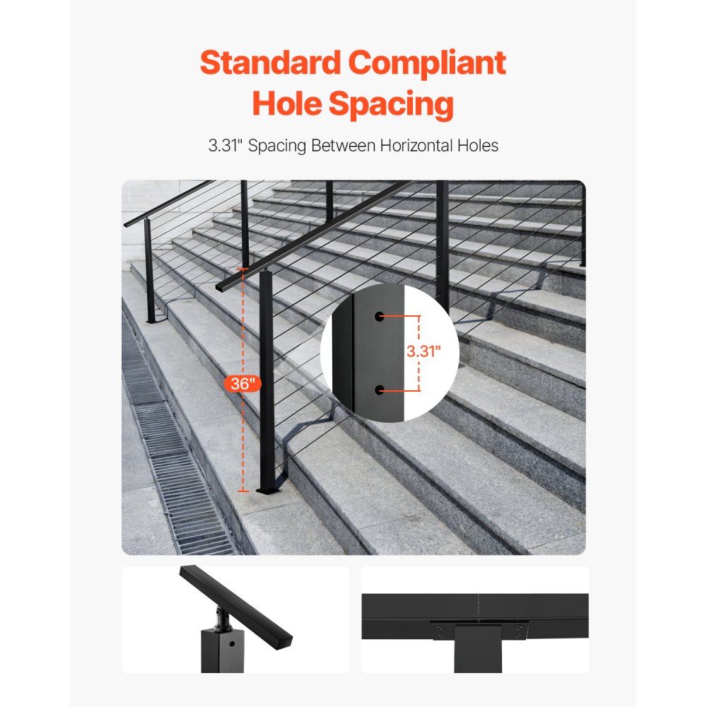 VEVOR Cable Railing Post, 36x2x2 Inch Stair Railing Post, with Pre-Drilled 30° Angled Holes, Stainless Steel Cable Rail Post with Horizontal and Curved Bracket, 1-Pack, Black, 1JZLGZXHS914YIVIS001V0