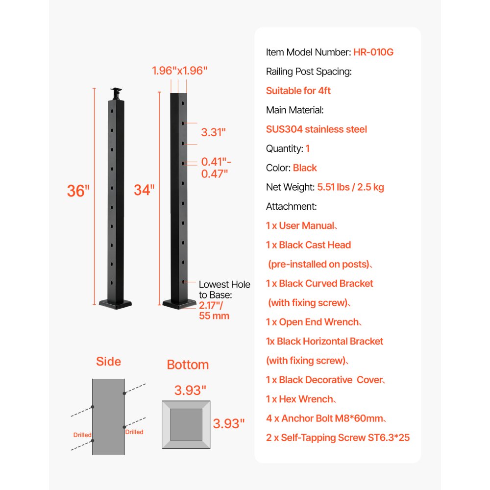 VEVOR Cable Railing Post, 91.4x5x5cm Stair Railing Post, with Pre-Drilled 30° Angled Holes, Stainless Steel Cable Rail Post with Horizontal and Curved Bracket, 1-Pack, Black, 1JZLGZXHS914YIVIS001V0
