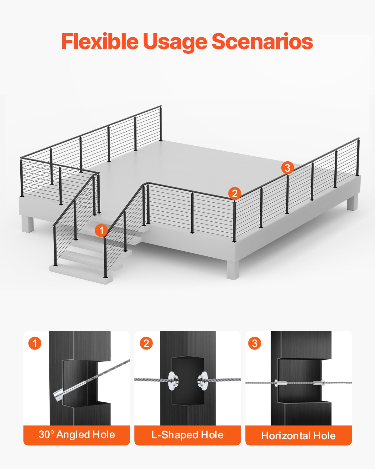VEVOR Cable Railing Post, 36x2x2 Inch Stair Railing Post, with Pre-Drilled 30° Angled Holes, Stainless Steel Cable Rail Post with Horizontal and Curved Bracket, 1-Pack, Black, 1JZLGZXHS914YIVIS001V0