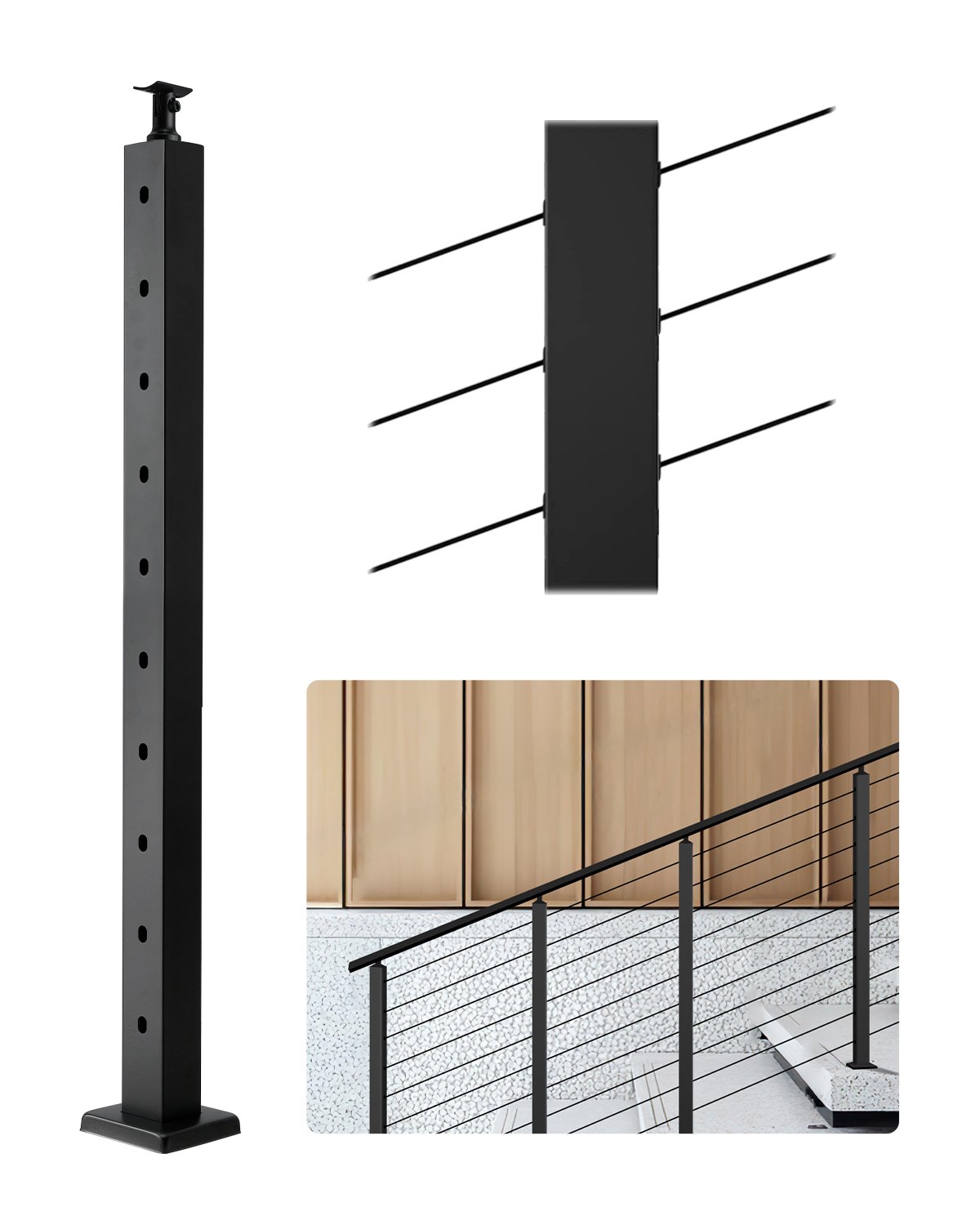 VEVOR Cable Railing Post, 36x2x2 Inch Stair Railing Post, with Pre-Drilled 30° Angled Holes, Stainless Steel Cable Rail Post with Horizontal and Curved Bracket, 1-Pack, Black, 1JZLGZXHS914YIVIS001V0