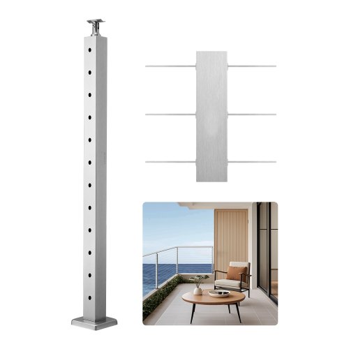 VEVOR Cable Railing Post, 42x2x2 Inch Level Deck Stair Posts, 1-Pack Stainless Steel Cable Handrail Post, Pre-Drilled Pickets with Mounting Bracket Stair Railing Kit, Silver, 1JZLGZXYS1061EF8W001V0