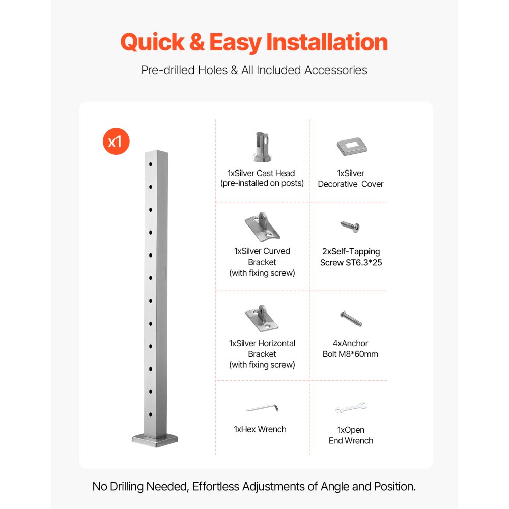 VEVOR Cable Railing Post, 42x2x2 Inch Level Deck Stair Posts, 1-Pack Stainless Steel Cable Handrail Post, Pre-Drilled Pickets with Mounting Bracket Stair Railing Kit, Silver, 1JZLGZXYS1061EF8W001V0