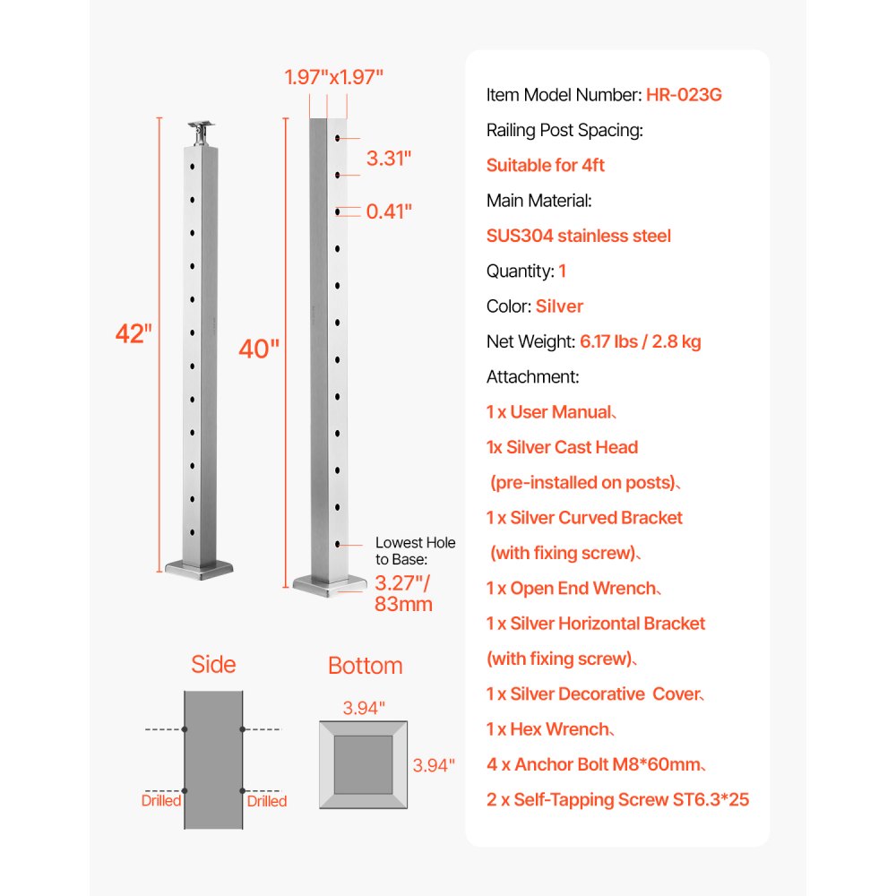 VEVOR Cable Railing Post, 106.7x5x5cm Level Deck Stair Posts, 1-Pack Stainless Steel Cable Handrail Post, Pre-Drilled Pickets with Mounting Bracket Stair Railing Kit, Silver, 1JZLGZXYS1061EF8W001V0