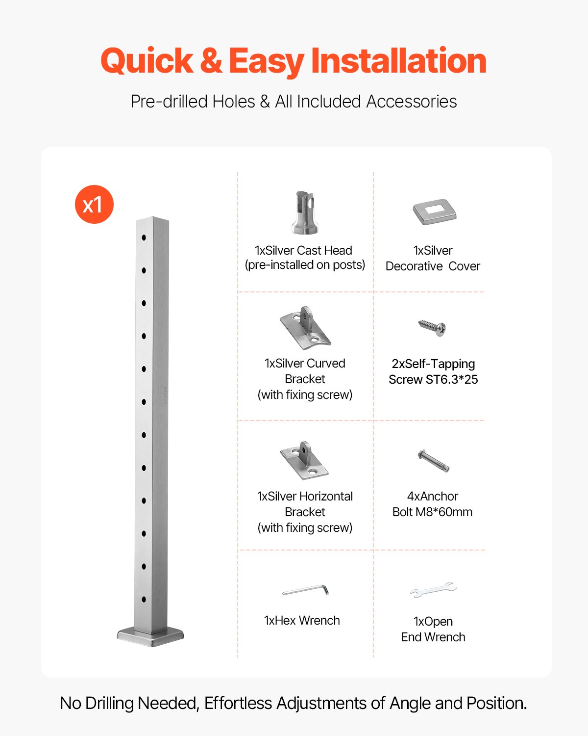 VEVOR Cable Railing Post, 42x2x2 Inch Level Deck Stair Posts, 1-Pack Stainless Steel Cable Handrail Post, Pre-Drilled Pickets with Mounting Bracket Stair Railing Kit, Silver, 1JZLGZXYS1061EF8W001V0