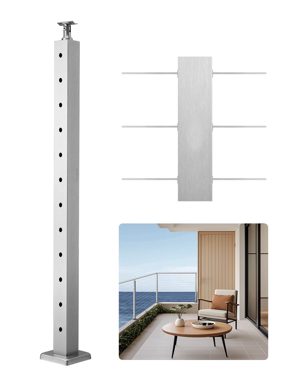 VEVOR Cable Railing Post, 42x2x2 Inch Level Deck Stair Posts, 1-Pack Stainless Steel Cable Handrail Post, Pre-Drilled Pickets with Mounting Bracket Stair Railing Kit, Silver, 1JZLGZXYS1061EF8W001V0