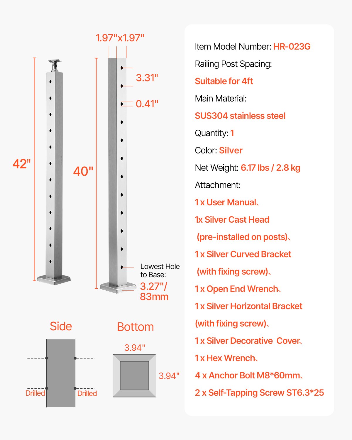 VEVOR Cable Railing Post, 42x2x2 Inch Level Deck Stair Posts, 1-Pack Stainless Steel Cable Handrail Post, Pre-Drilled Pickets with Mounting Bracket Stair Railing Kit, Silver, 1JZLGZXYS1061EF8W001V0