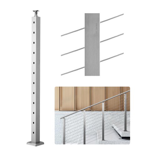 VEVOR Cable Railing Post, 42x2x2 Inch Stair Railing Post, with Pre-Drilled 30° Angled Holes, Stainless Steel Cable Rail Post with Horizontal and Curved Bracket, 1-Pack, Silver, 1JZLGZXYS1062TLWC001V0