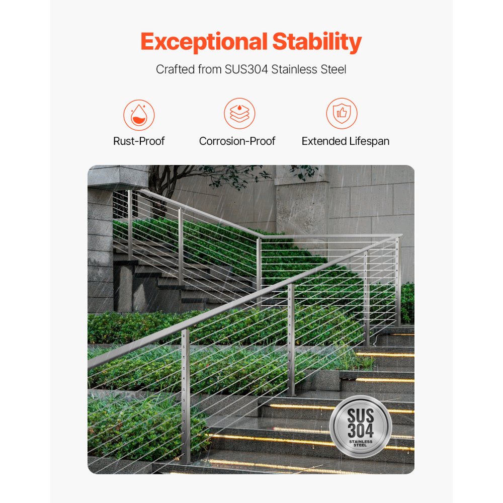 VEVOR Cable Railing Post, 42x2x2 Inch Stair Railing Post, with Pre-Drilled 30° Angled Holes, Stainless Steel Cable Rail Post with Horizontal and Curved Bracket, 1-Pack, Silver, 1JZLGZXYS1062TLWC001V0