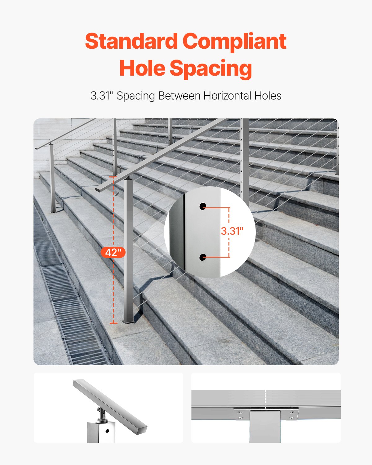 VEVOR Cable Railing Post, 42x2x2 Inch Stair Railing Post, with Pre-Drilled 30° Angled Holes, Stainless Steel Cable Rail Post with Horizontal and Curved Bracket, 1-Pack, Silver, 1JZLGZXYS1062TLWC001V0