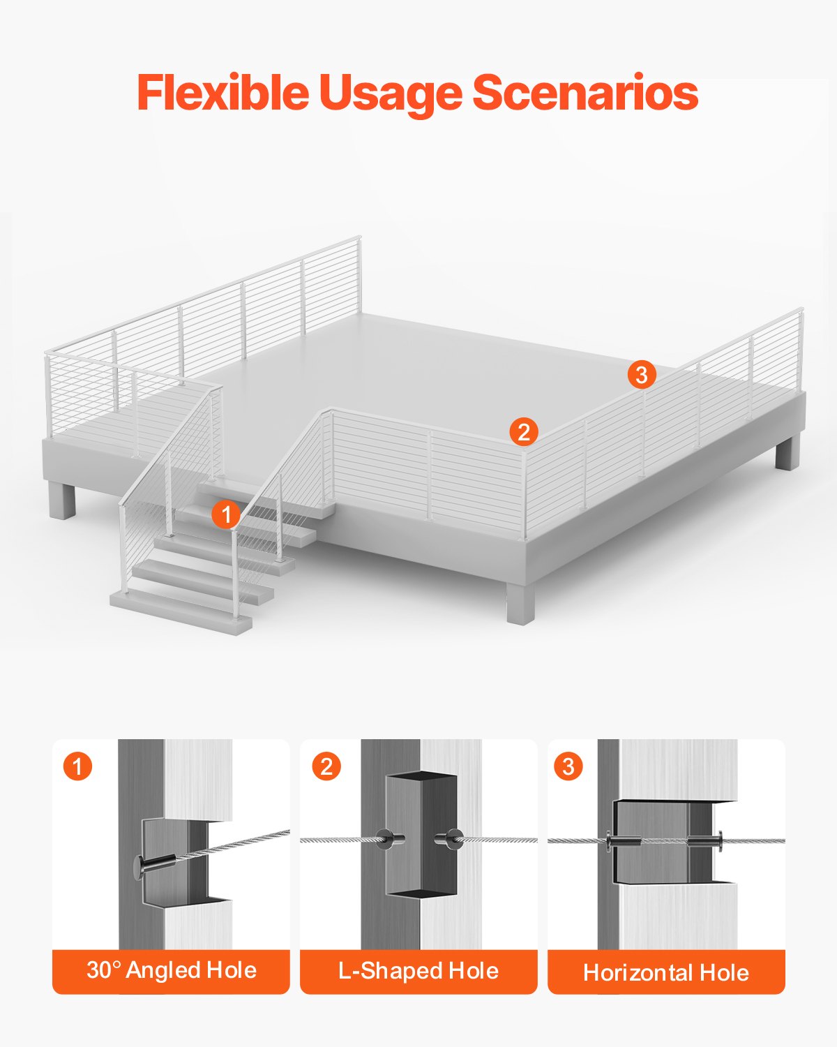 VEVOR Cable Railing Post, 42x2x2 Inch Stair Railing Post, with Pre-Drilled 30° Angled Holes, Stainless Steel Cable Rail Post with Horizontal and Curved Bracket, 1-Pack, Silver, 1JZLGZXYS1062TLWC001V0