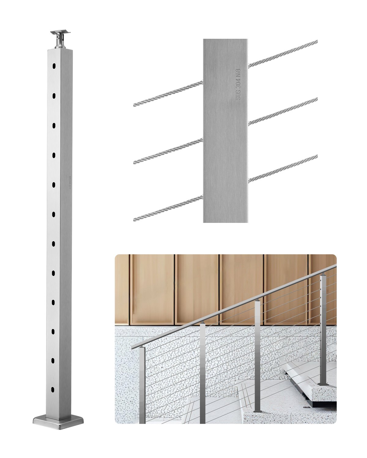 VEVOR Cable Railing Post, 42x2x2 Inch Stair Railing Post, with Pre-Drilled 30° Angled Holes, Stainless Steel Cable Rail Post with Horizontal and Curved Bracket, 1-Pack, Silver, 1JZLGZXYS1062TLWC001V0