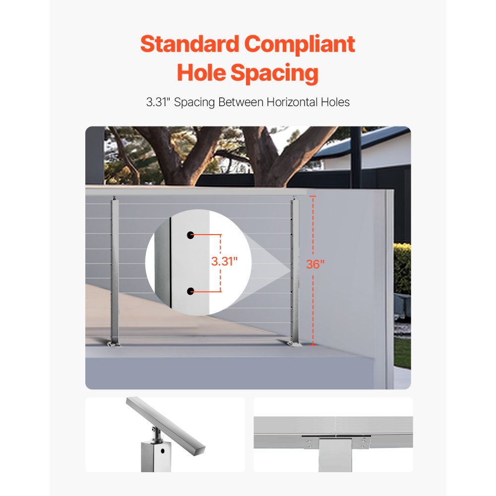 VEVOR 1-Pack Cable Railing Post, 36x2x2 In Horizontal-Hole Deck Railing Post with Pre-Drilled Holes, Stainless Steel Cable Rail Post with Horizontal and Curved Bracket, Silver, 1JZLGZXYS91466KZK001V0