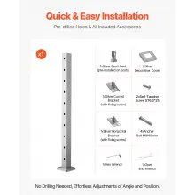 VEVOR 1-Pack Cable Railing Post, 36x2x2 In Horizontal-Hole Deck Railing Post with Pre-Drilled Holes, Stainless Steel Cable Rail Post with Horizontal and Curved Bracket, Silver, 1JZLGZXYS91466KZK001V0