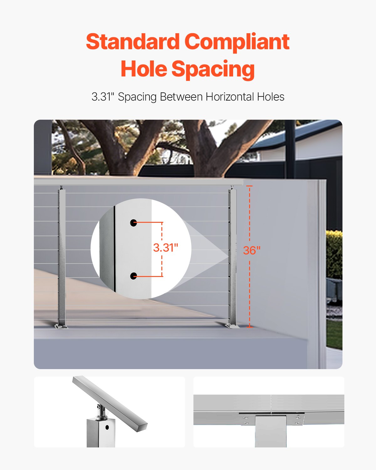 VEVOR 1-Pack Cable Railing Post, 36x2x2 In Horizontal-Hole Deck Railing Post with Pre-Drilled Holes, Stainless Steel Cable Rail Post with Horizontal and Curved Bracket, Silver, 1JZLGZXYS91466KZK001V0