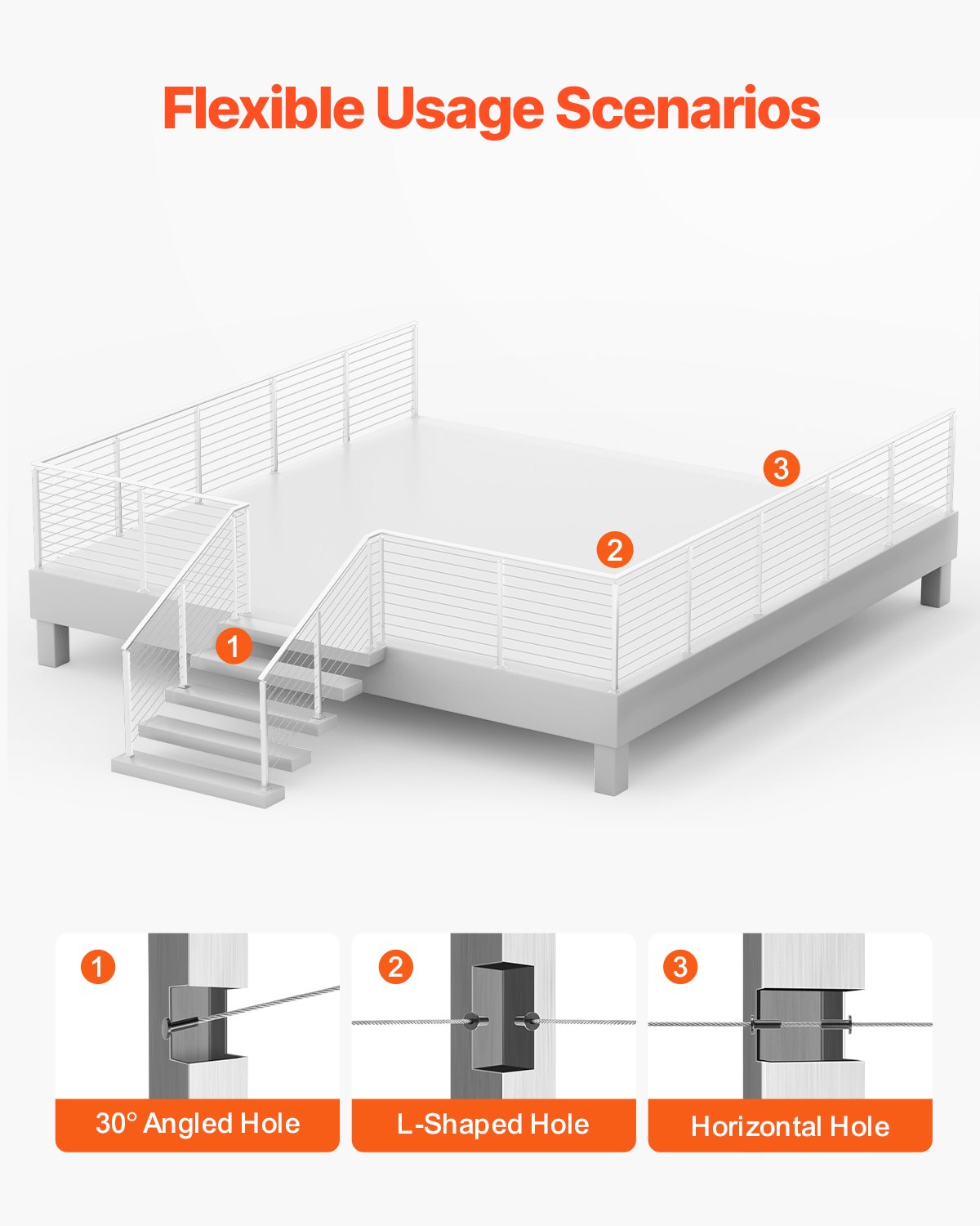 VEVOR 1-Pack Cable Railing Post, 36x2x2 In Horizontal-Hole Deck Railing Post with Pre-Drilled Holes, Stainless Steel Cable Rail Post with Horizontal and Curved Bracket, Silver, 1JZLGZXYS91466KZK001V0