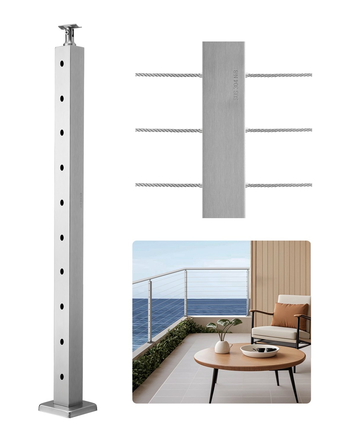 VEVOR 1-Pack Cable Railing Post, 36x2x2 In Horizontal-Hole Deck Railing Post with Pre-Drilled Holes, Stainless Steel Cable Rail Post with Horizontal and Curved Bracket, Silver, 1JZLGZXYS91466KZK001V0