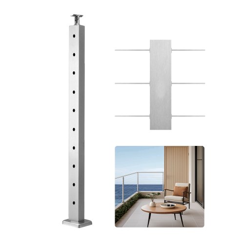 VEVOR Cable Railing Post Level Deck Stair Post 36 x 0.98 x 1.97" Cable Handrail Post Stainless Steel Wire Drawing Deck Railing Pre-Drilled Pickets with Mounting Bracket Stair Railing Kit Silver