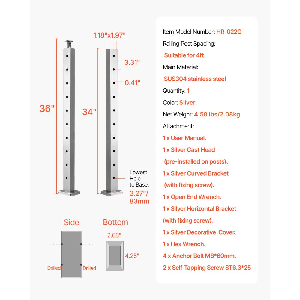 VEVOR Cable Railing Post, 36x1x2 Inch Level Deck Stair Posts, 1-Pack Stainless Steel Cable Handrail Post, Pre-Drilled Pickets with Mounting Bracket Stair Railing Kit, Silver, 1JZLGZXYS914I4BDB001V0